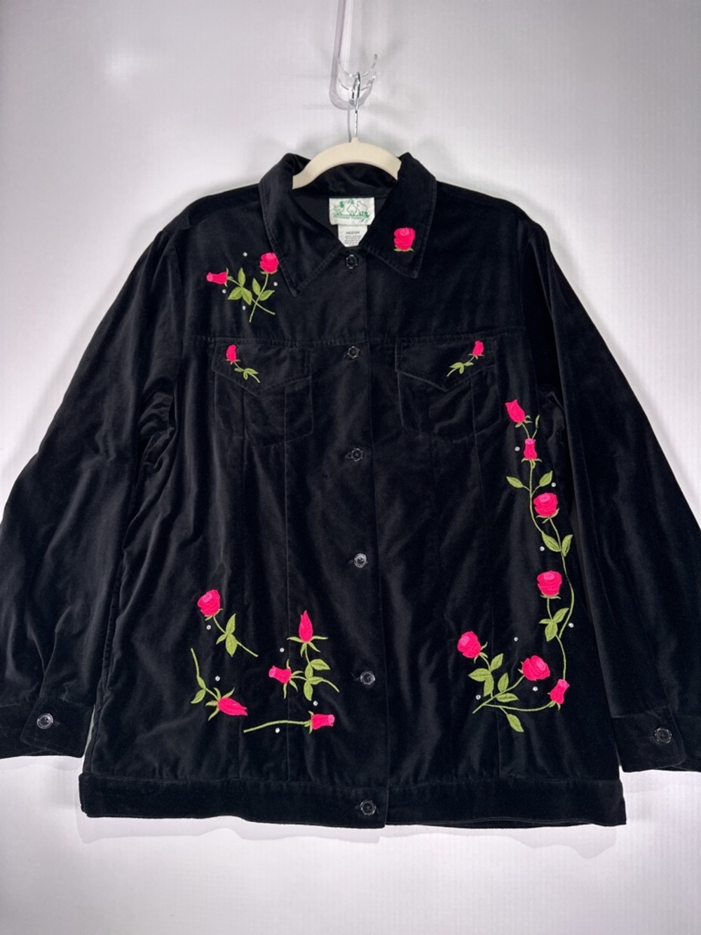 Quacker Factory Shacket Rose Embroidered Rhinestone Velvet Black Medium - Picture 2 of 12